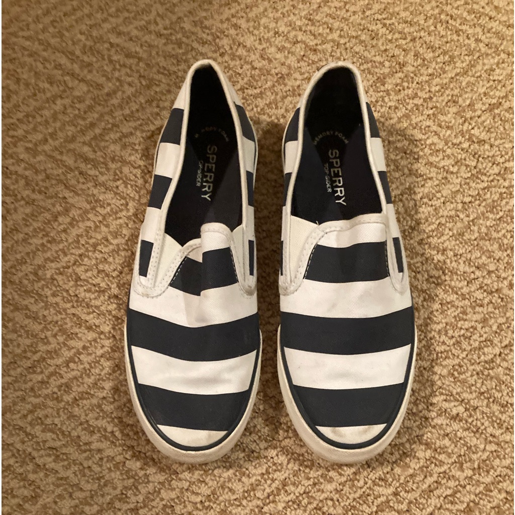 Sperry Navy And White Striped Canvas Shoe Great For Boating In Good Condition